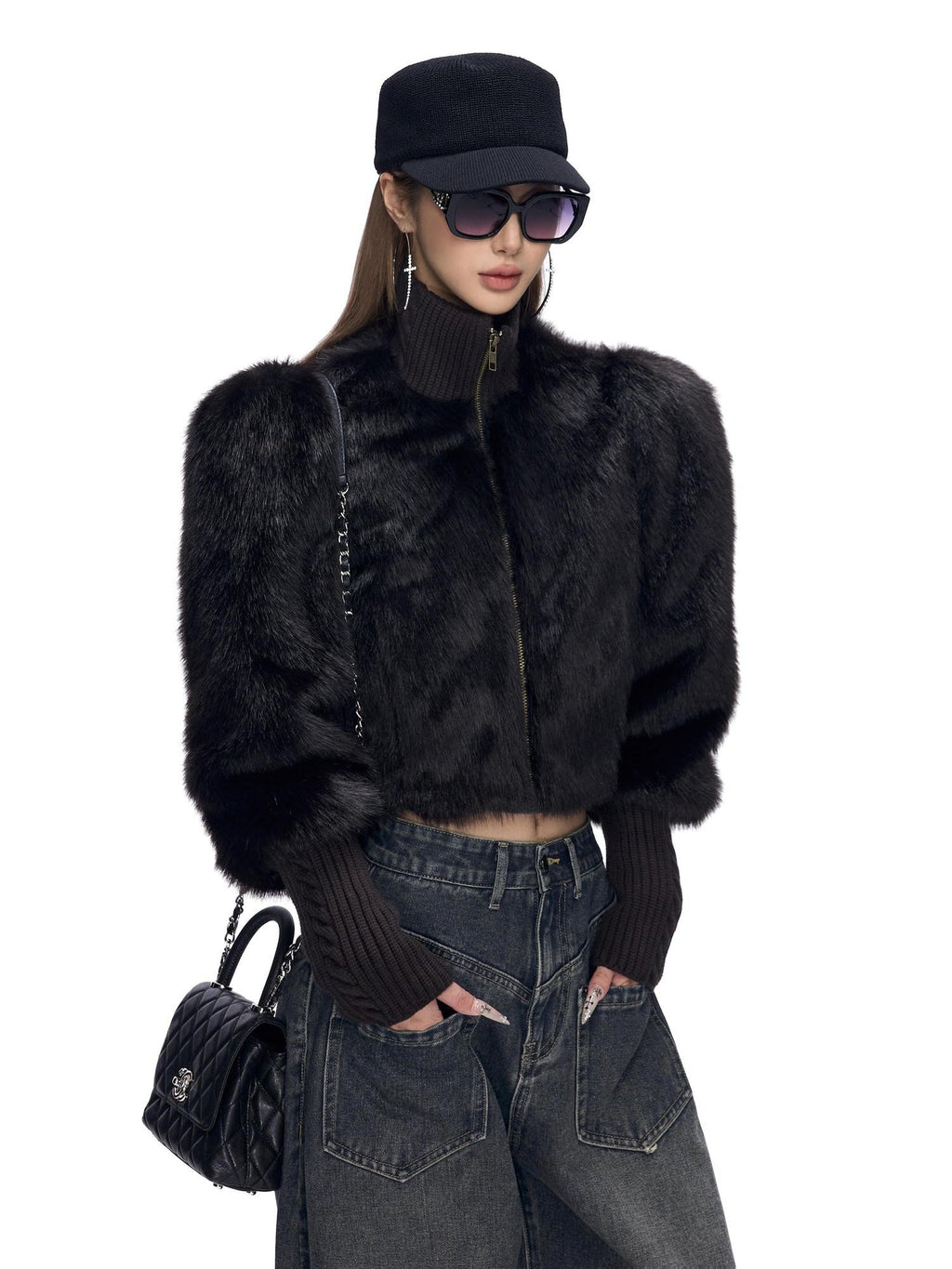 Fanptntox Short Stand Collar Knit Ribbed Spliced Cuffs Women's Polyester Faux Fur Coats