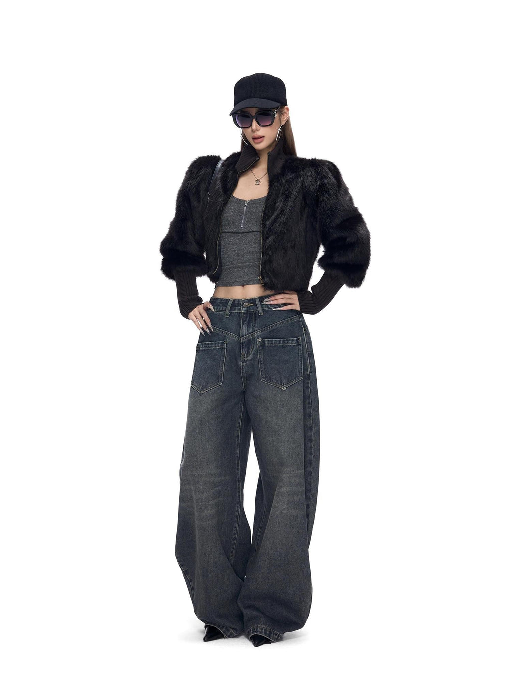 Fanptntox Short Stand Collar Knit Ribbed Spliced Cuffs Women's Polyester Faux Fur Coats