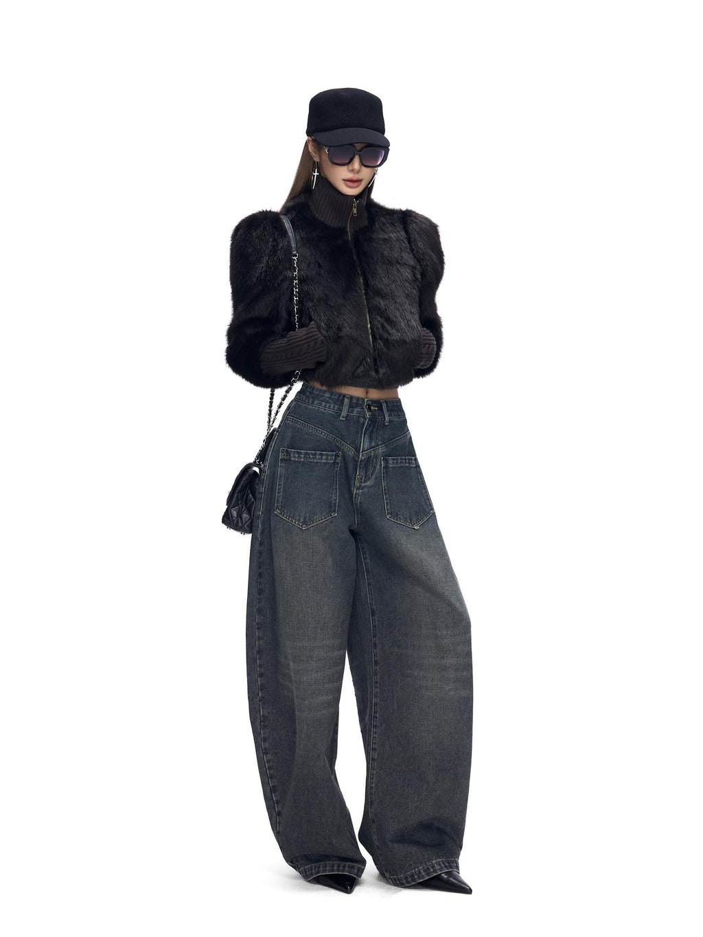 Fanptntox Short Stand Collar Knit Ribbed Spliced Cuffs Women's Polyester Faux Fur Coats