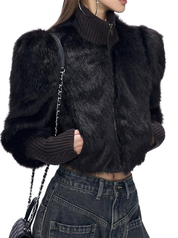 Fanptntox Short Stand Collar Knit Ribbed Spliced Cuffs Women's Polyester Faux Fur Coats