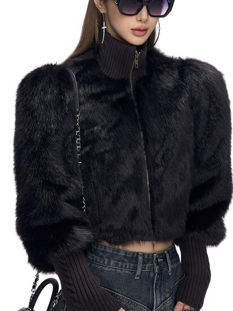 Fanptntox Short Stand Collar Knit Ribbed Spliced Cuffs Women's Polyester Faux Fur Coats