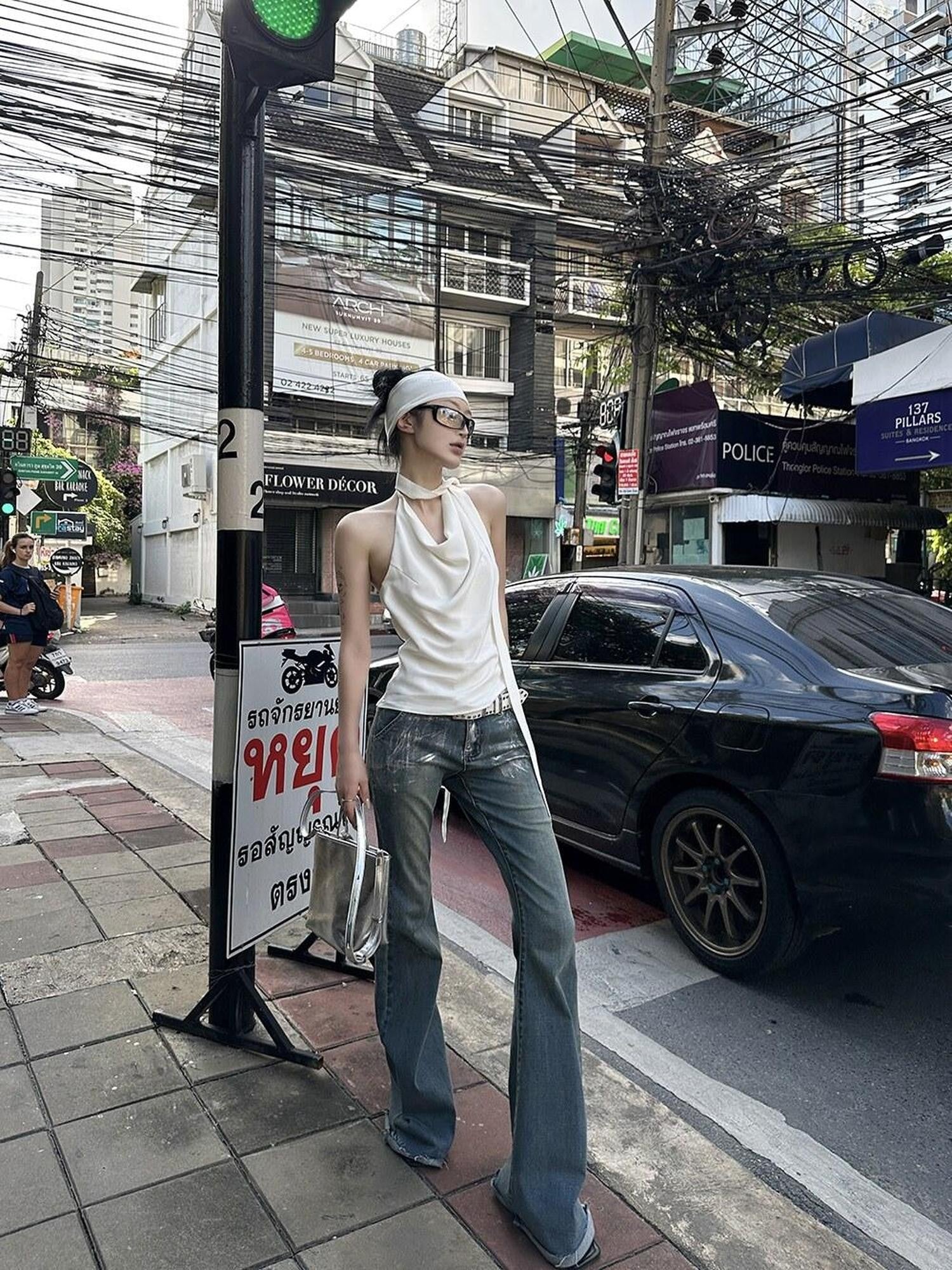 Fanptntox Silver Foil Vintage Micro Flare High Waist Women's Denim Bootcut Jeans