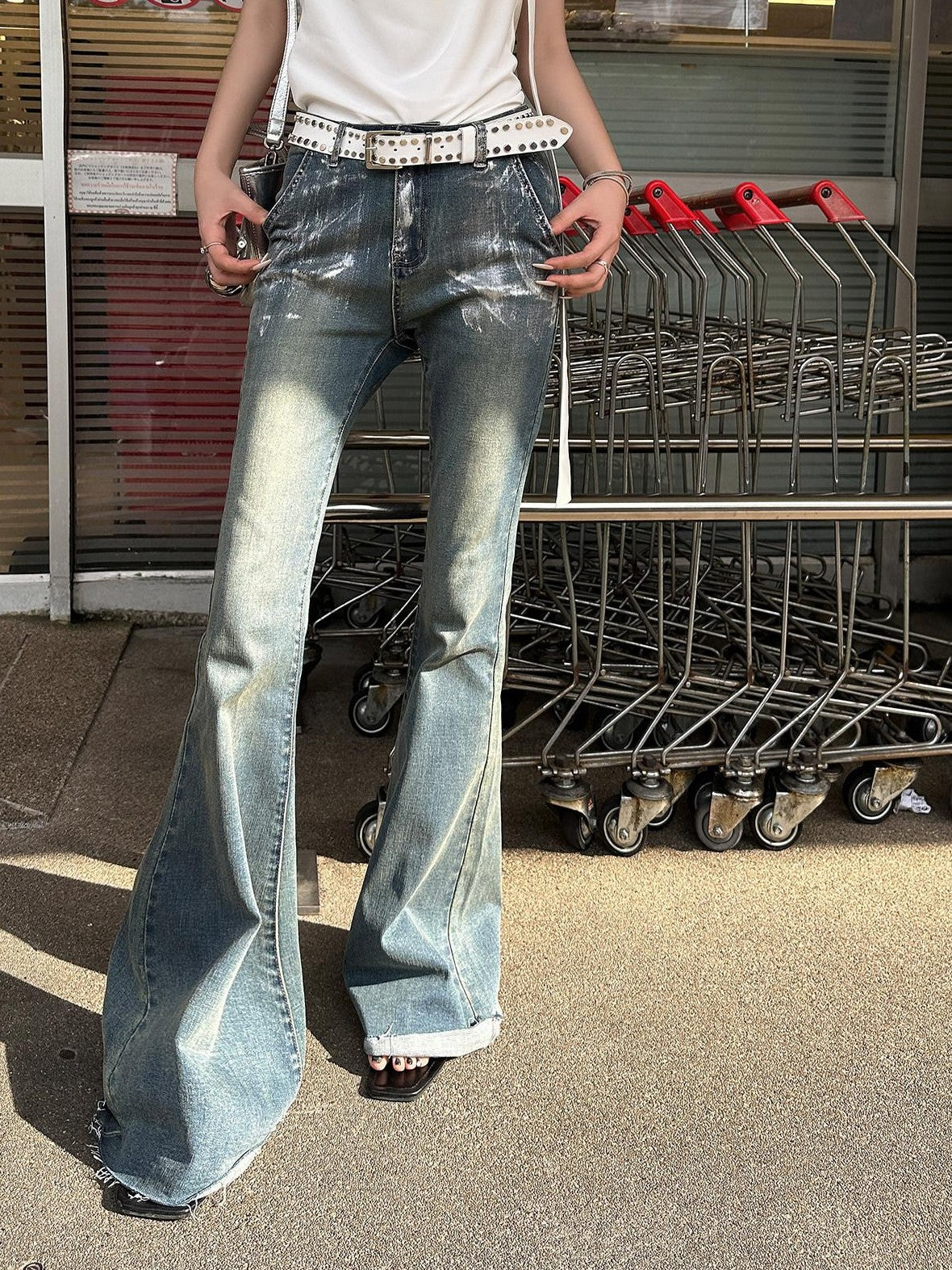 Fanptntox Silver Foil Vintage Micro Flare High Waist Women's Denim Bootcut Jeans