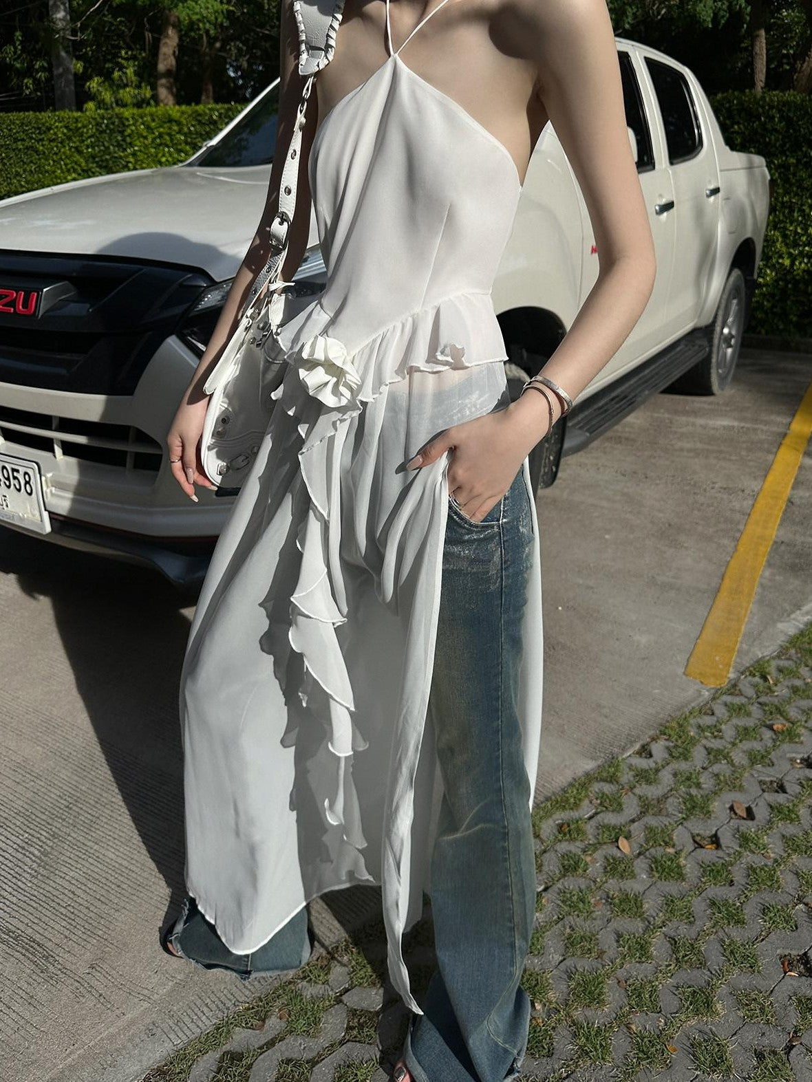 Fanptntox Silver Foil Vintage Micro Flare High Waist Women's Denim Bootcut Jeans