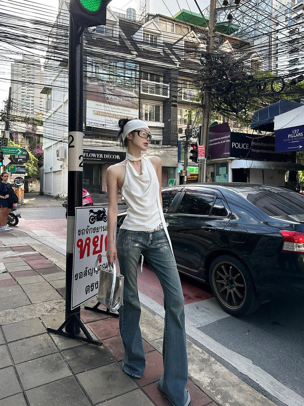 Fanptntox Silver Foil Vintage Micro Flare High Waist Women's Denim Bootcut Jeans