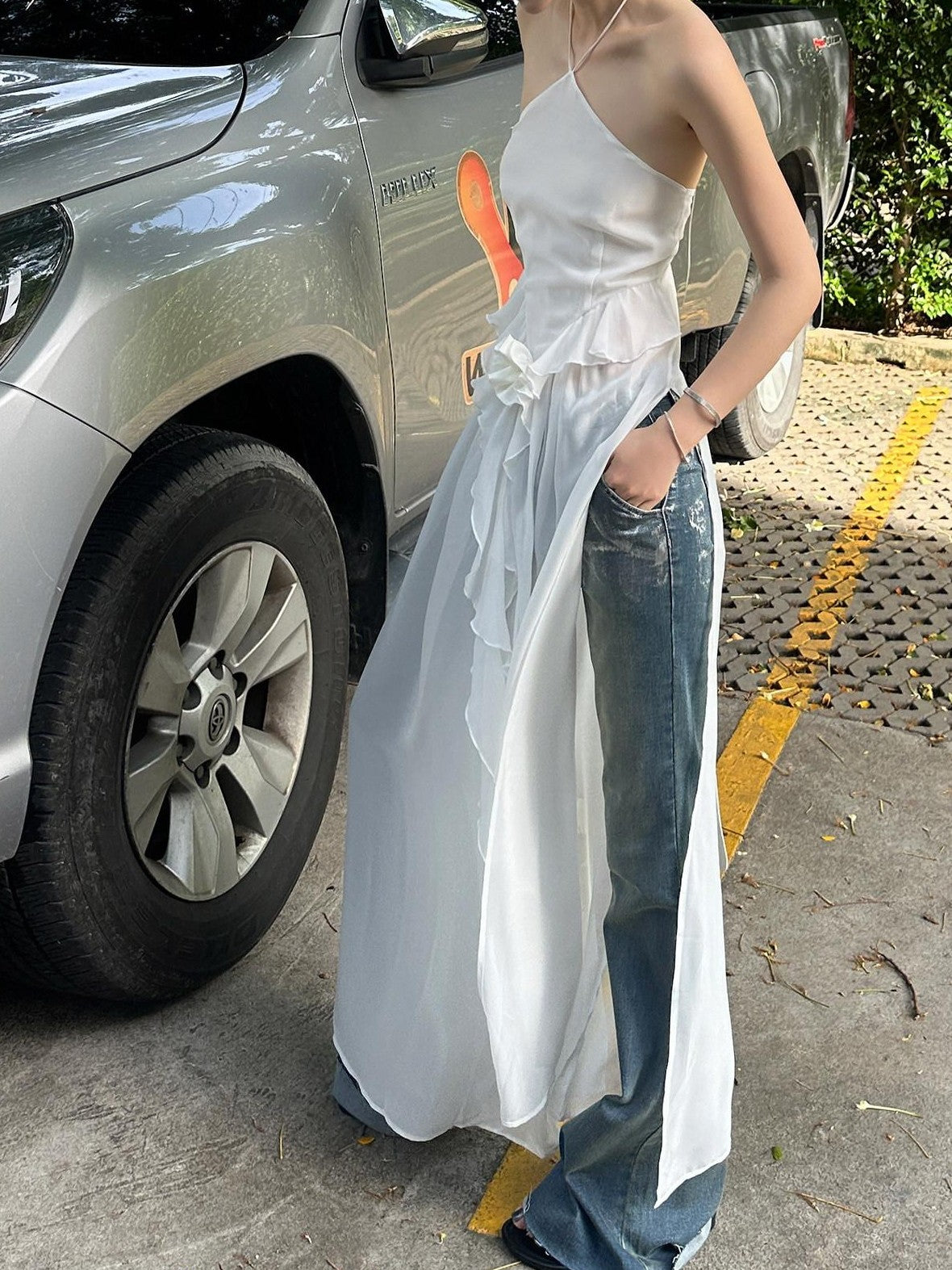 Fanptntox Silver Foil Vintage Micro Flare High Waist Women's Denim Bootcut Jeans