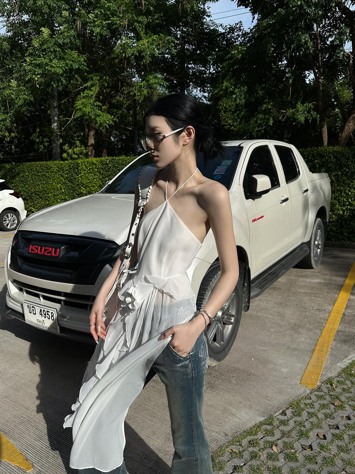Fanptntox Silver Foil Vintage Micro Flare High Waist Women's Denim Bootcut Jeans