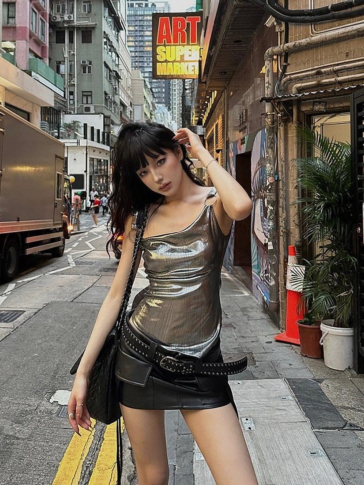 Fanptntox Silver Gray Metal Ring Slim Fit Streetwear Women's Camisoles