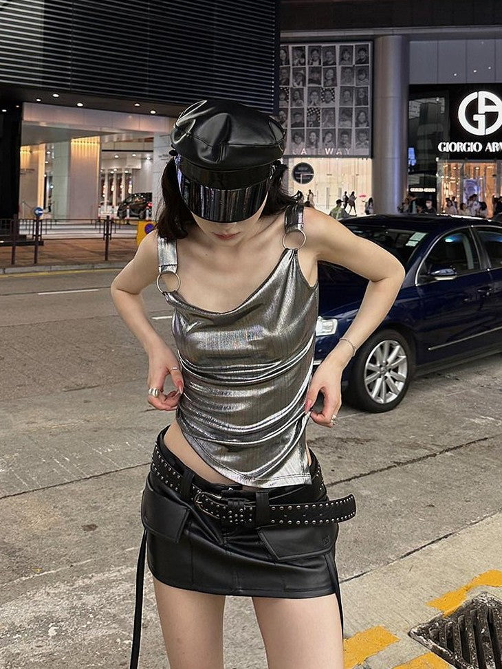 Fanptntox Silver Gray Metal Ring Slim Fit Streetwear Women's Camisoles