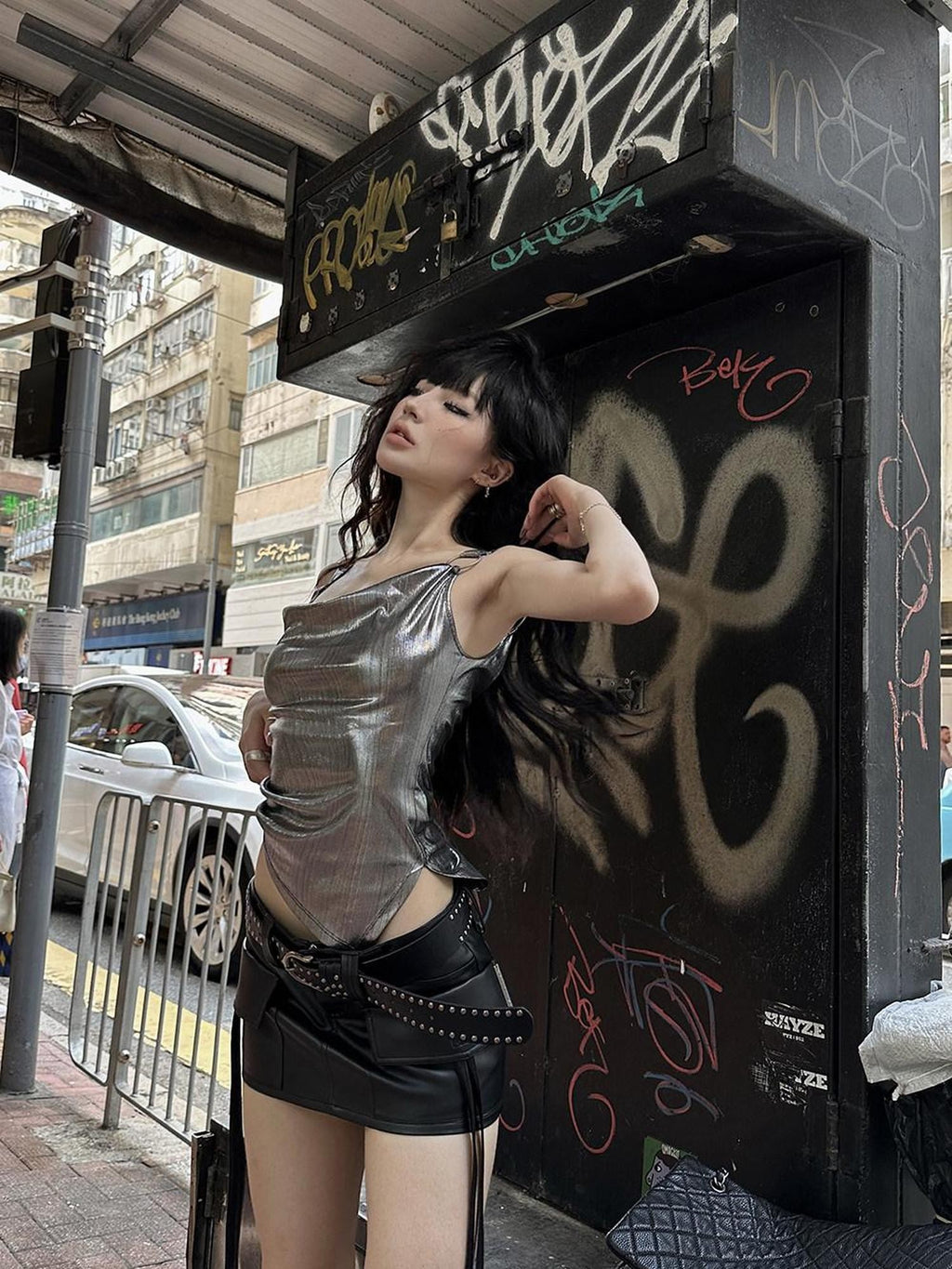 Fanptntox Silver Gray Metal Ring Slim Fit Streetwear Women's Camisoles