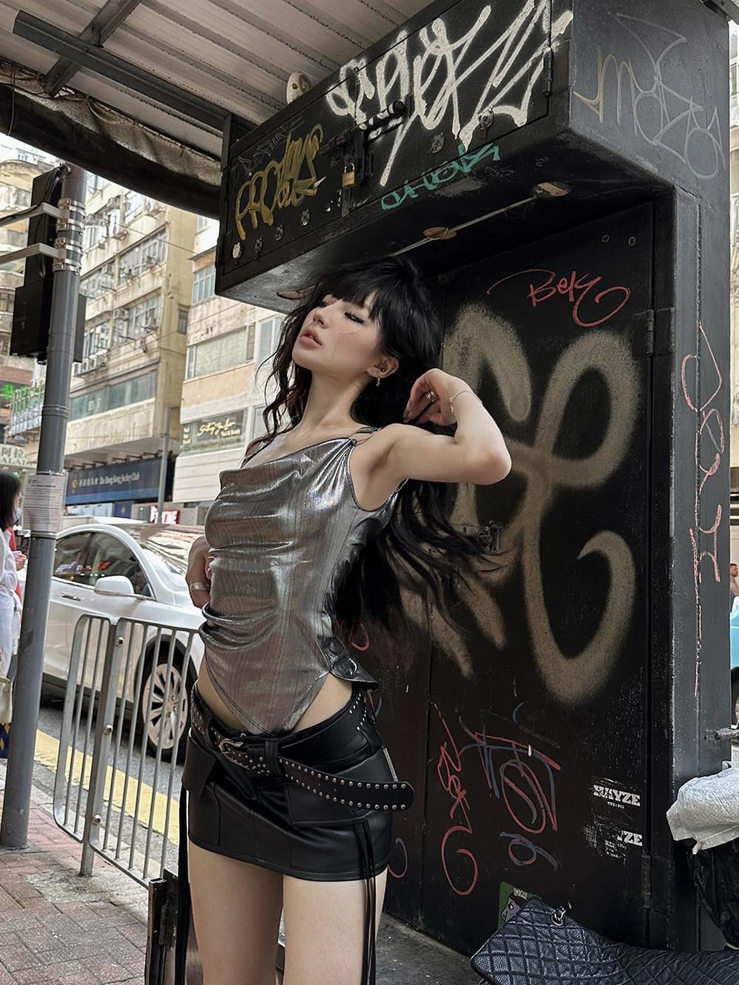 Fanptntox Silver Gray Metal Ring Slim Fit Streetwear Women's Camisoles