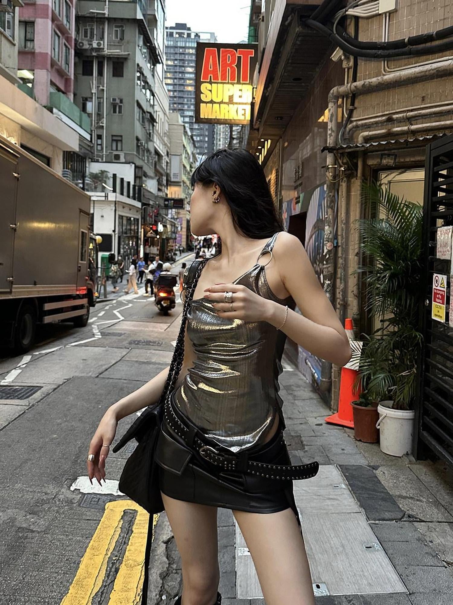 Fanptntox Silver Gray Metal Ring Slim Fit Streetwear Women's Camisoles