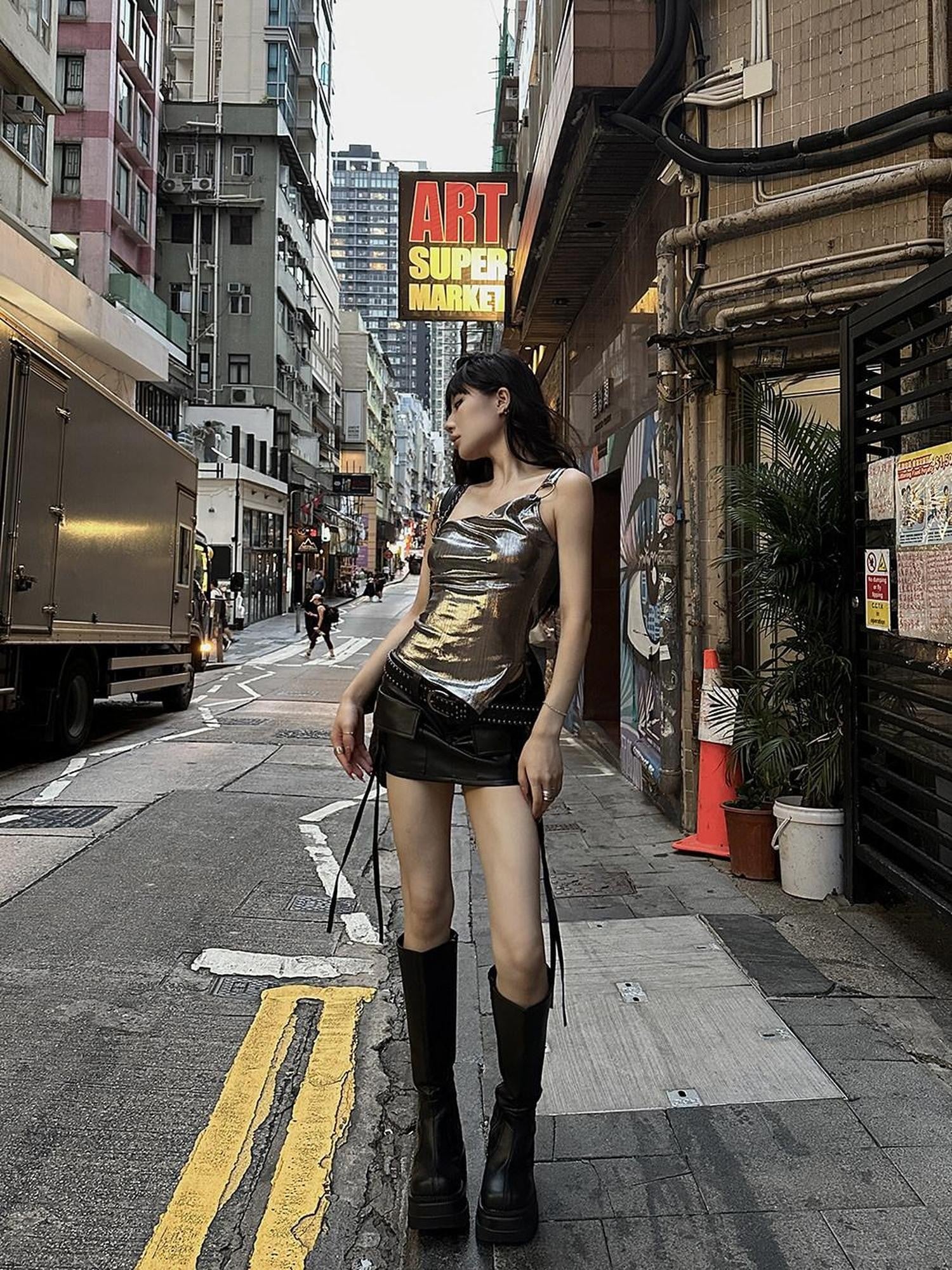Fanptntox Silver Gray Metal Ring Slim Fit Streetwear Women's Camisoles