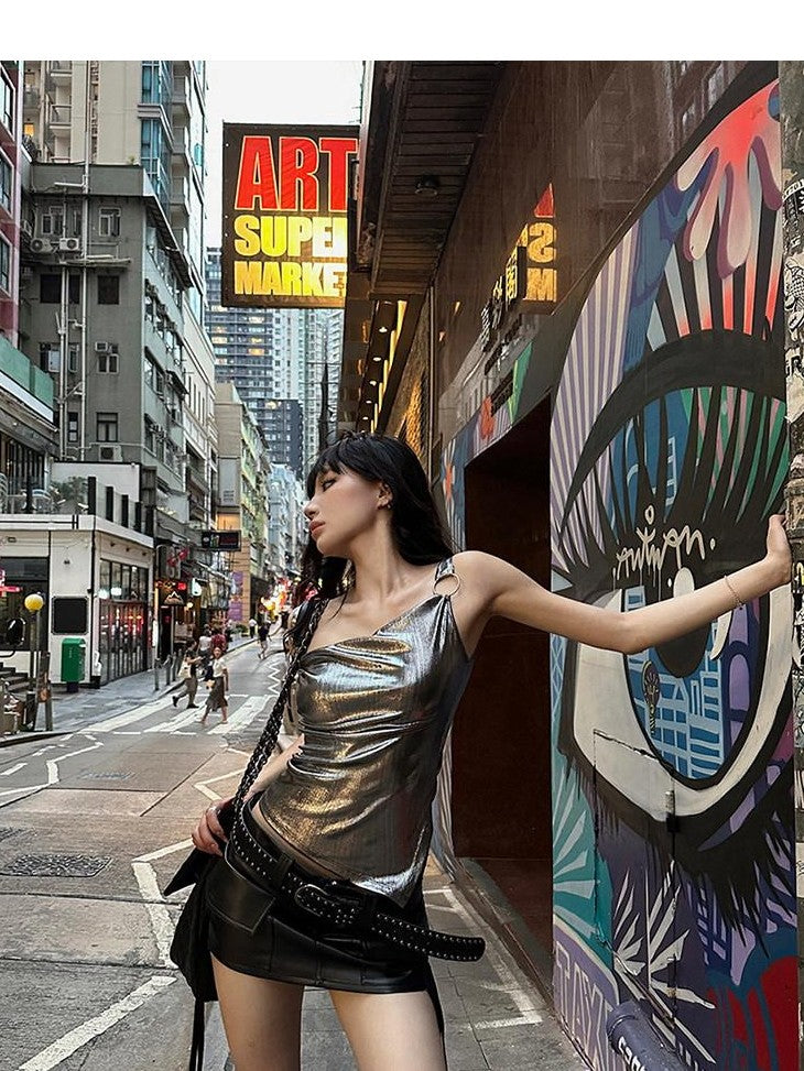 Fanptntox Silver Gray Metal Ring Slim Fit Streetwear Women's Camisoles
