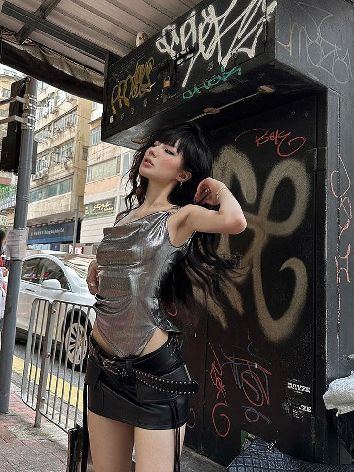 Fanptntox Silver Gray Metal Ring Slim Fit Streetwear Women's Camisoles