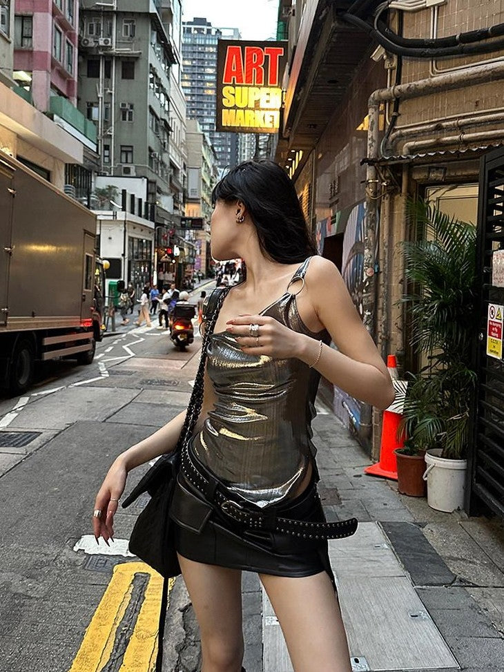 Fanptntox Silver Gray Metal Ring Slim Fit Streetwear Women's Camisoles