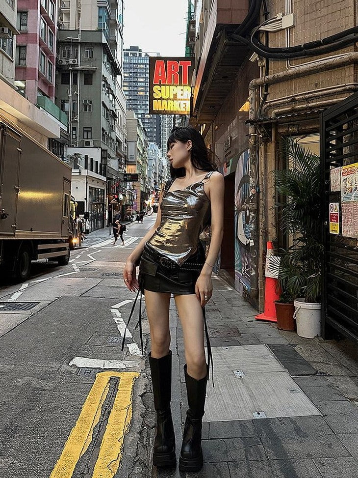 Fanptntox Silver Gray Metal Ring Slim Fit Streetwear Women's Camisoles