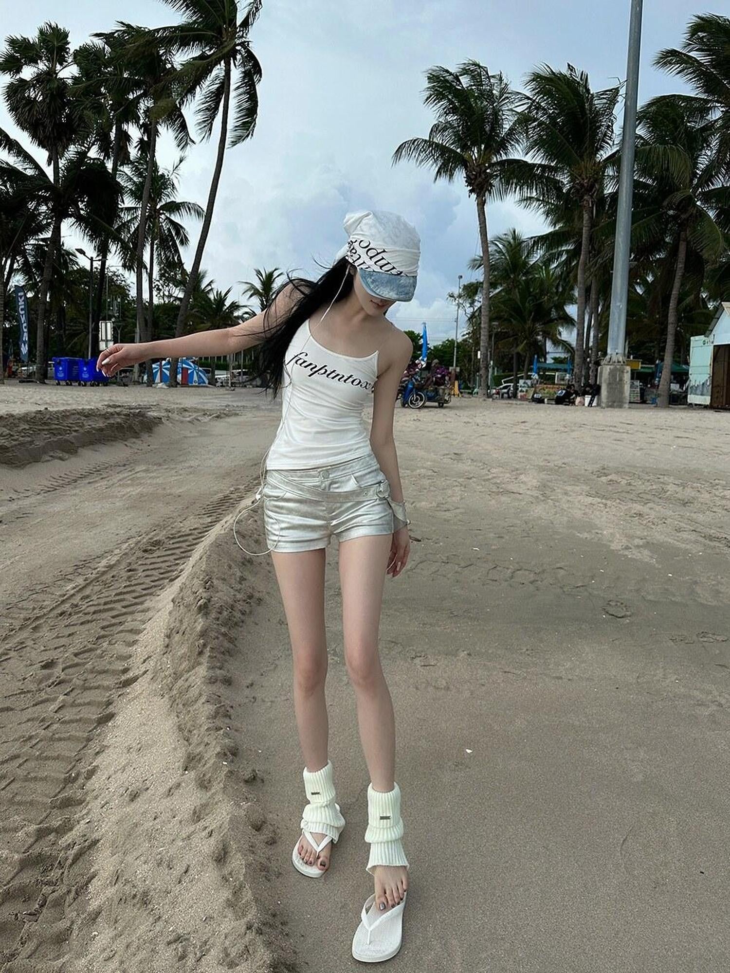 Fanptntox Silver Low Waist Slim Fit Streetwear Women's Other Fabric Hot Pants