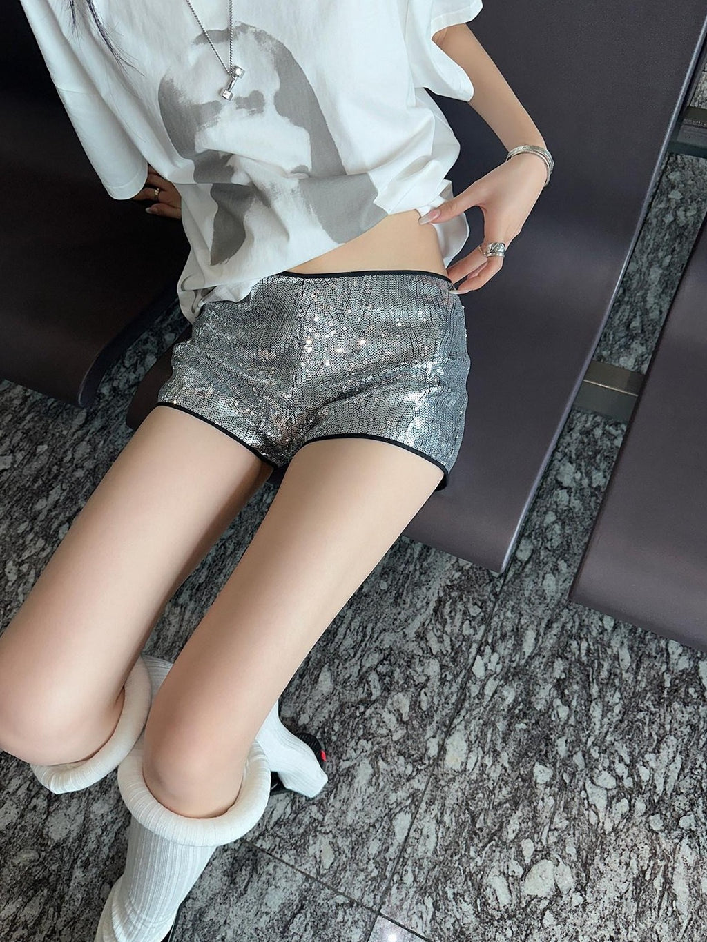 Fanptntox Silver Sequined Low Waist Slim Fit Women's Other Fabric Hot Pants