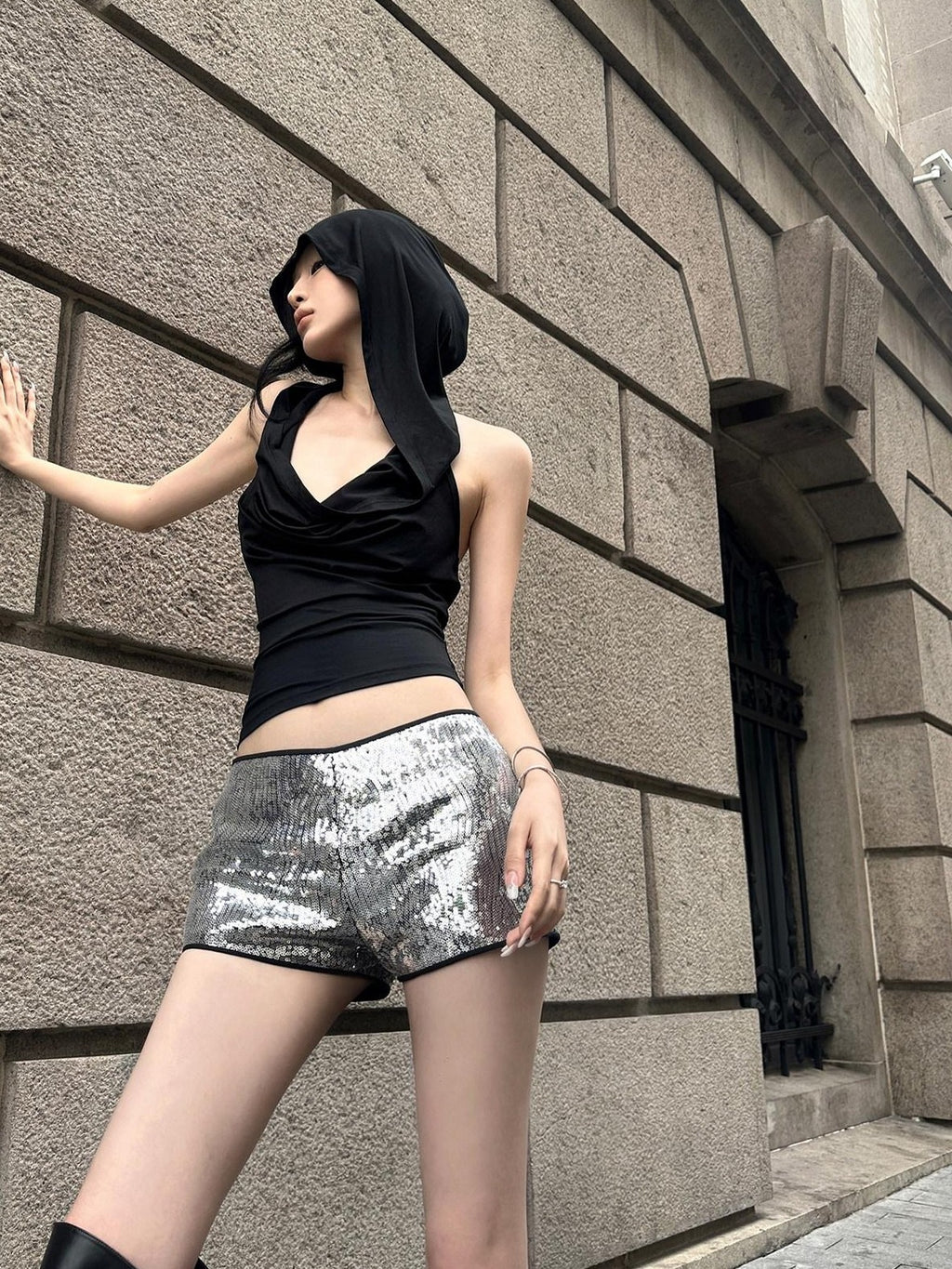 Fanptntox Silver Sequined Low Waist Slim Fit Women's Other Fabric Hot Pants