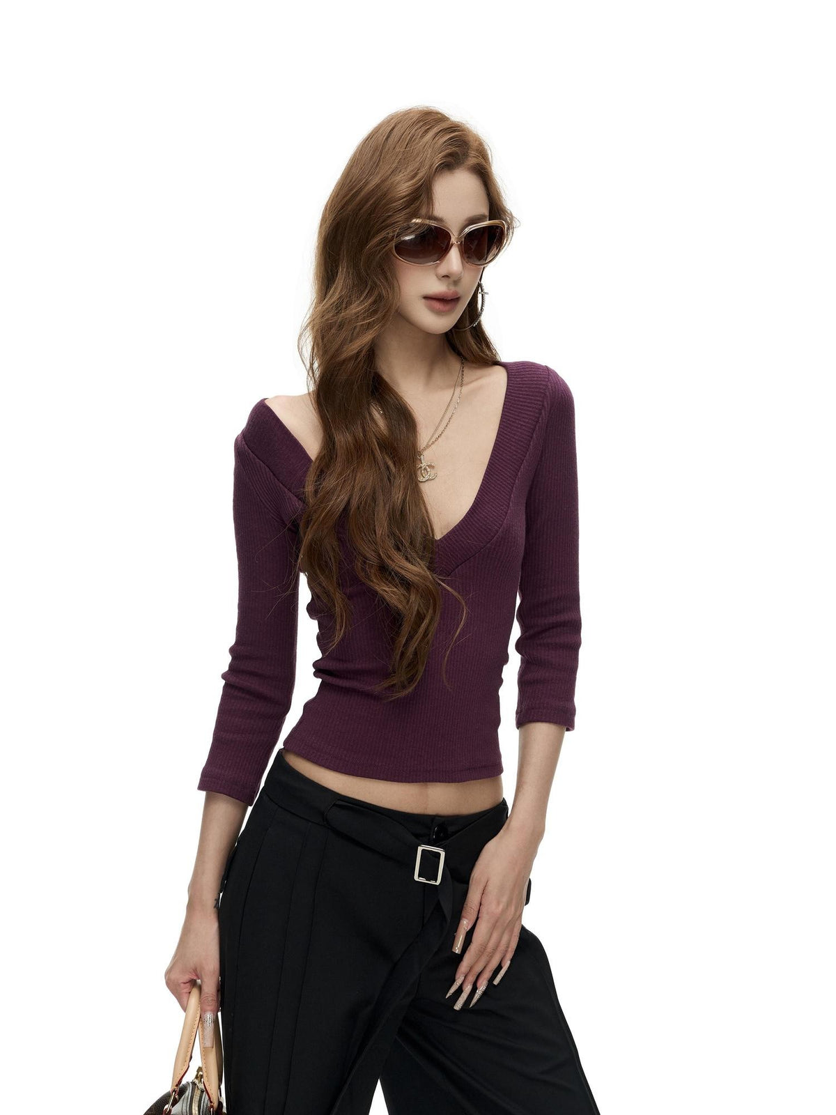Fanptntox Slim Fit Deep V-neck Waist Cinched Long Sleeve Knit Women's Sweaters