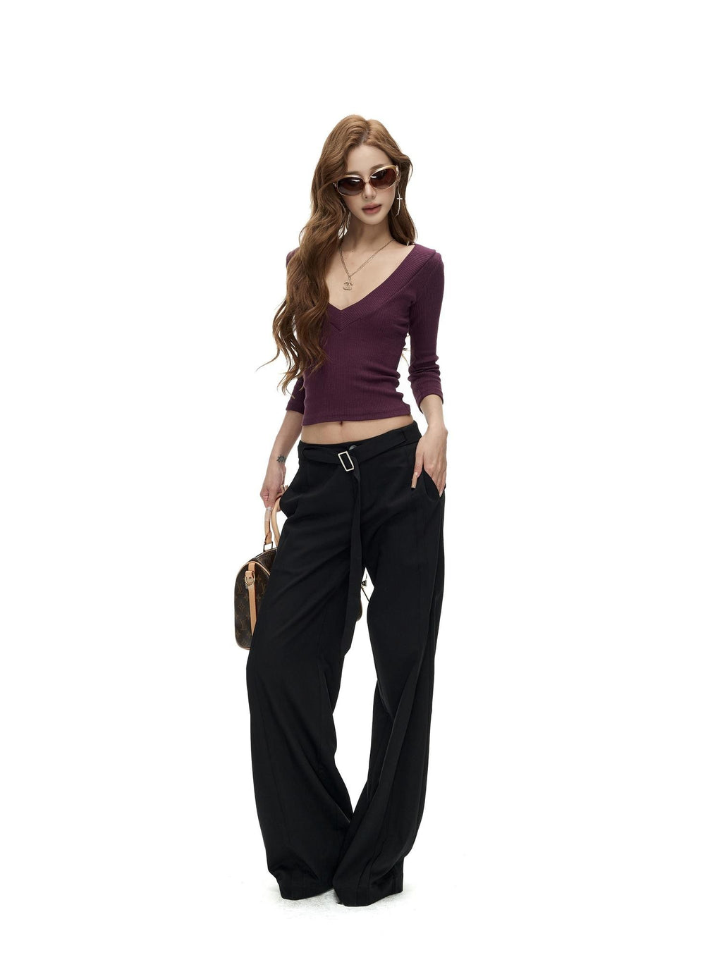 Fanptntox Slim Fit Deep V-neck Waist Cinched Long Sleeve Knit Women's Sweaters