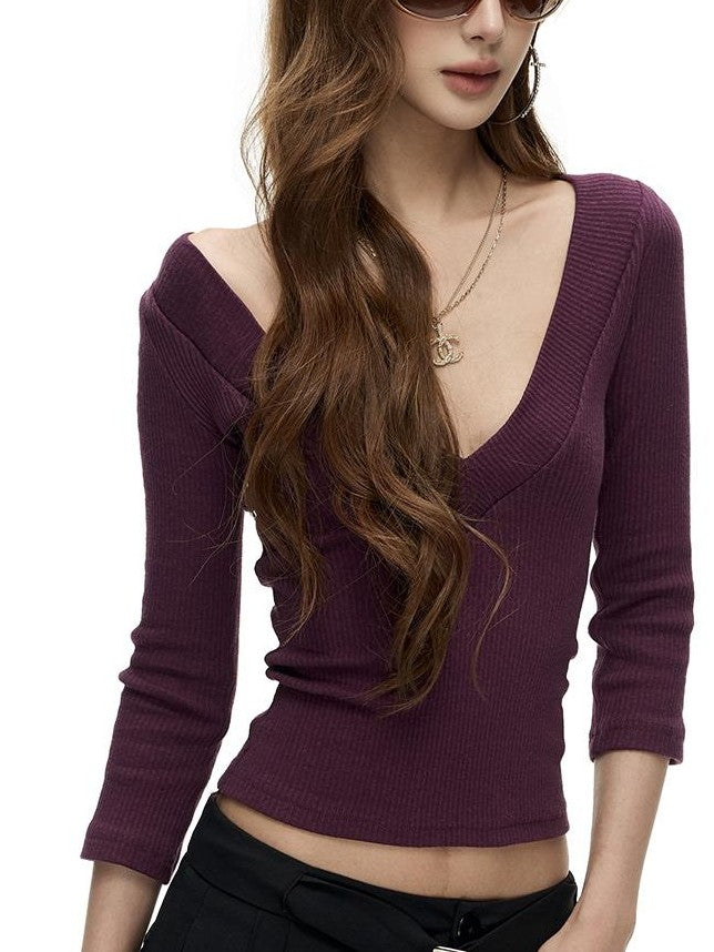 Fanptntox Slim Fit Deep V-neck Waist Cinched Long Sleeve Knit Women's Sweaters
