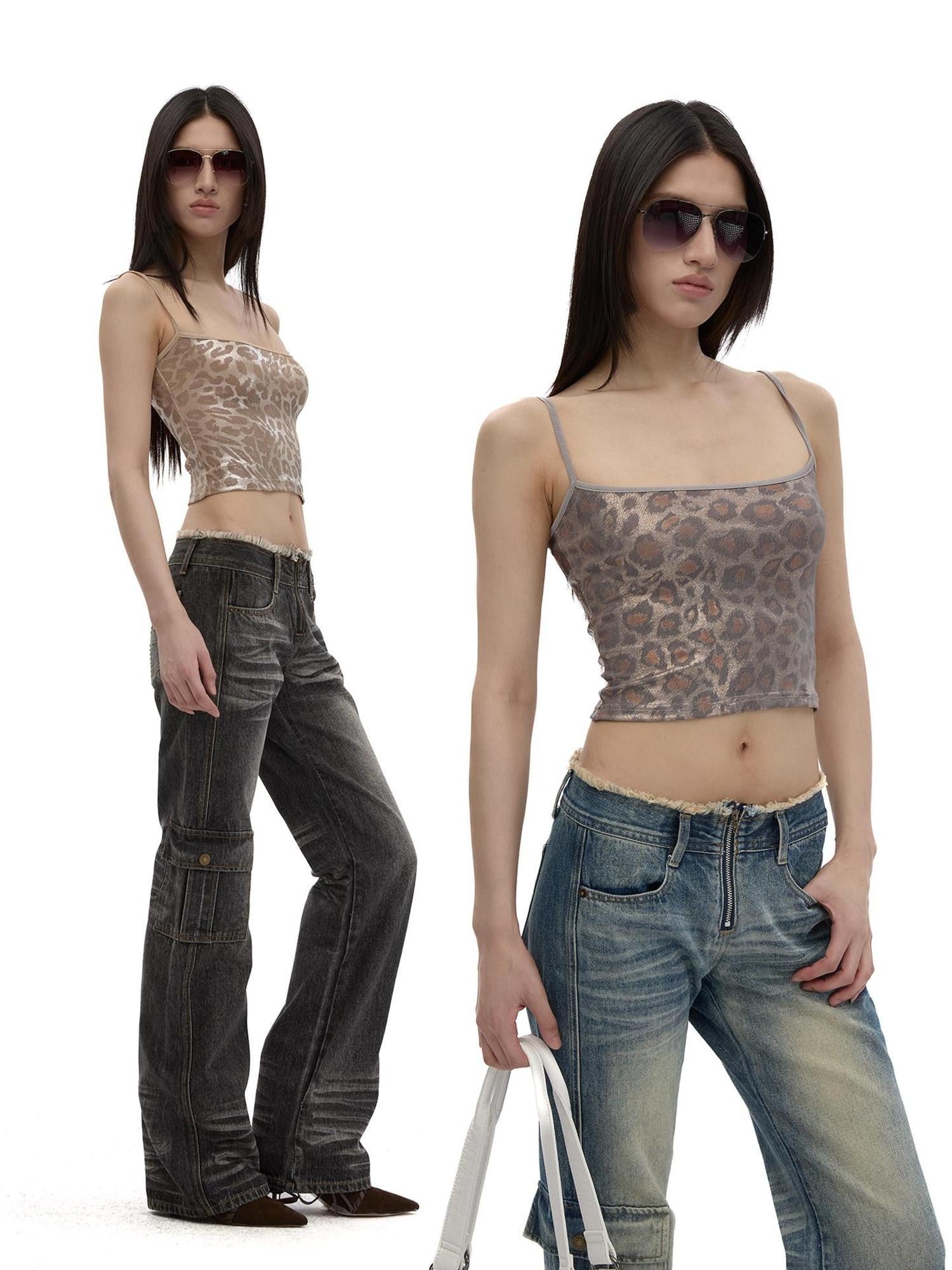 Fanptntox Slim Fit Metallic Leopard Print Layered Women's Lyocell Camisoles