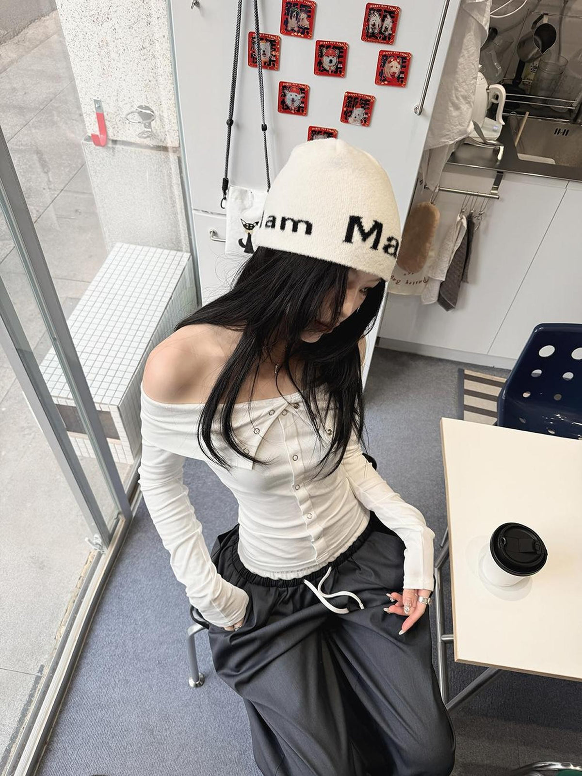Fanptntox Slim Fit Off Shoulder Hook Closure Knit Women's Long Sleeve T-shirts