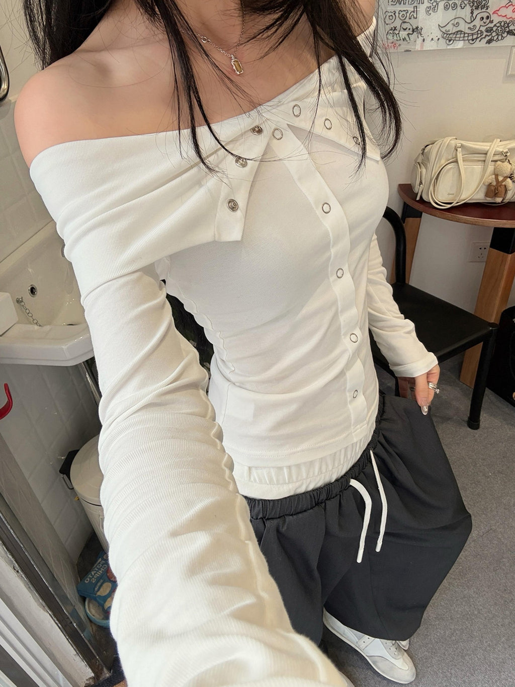 Fanptntox Slim Fit Off Shoulder Hook Closure Knit Women's Long Sleeve T-shirts