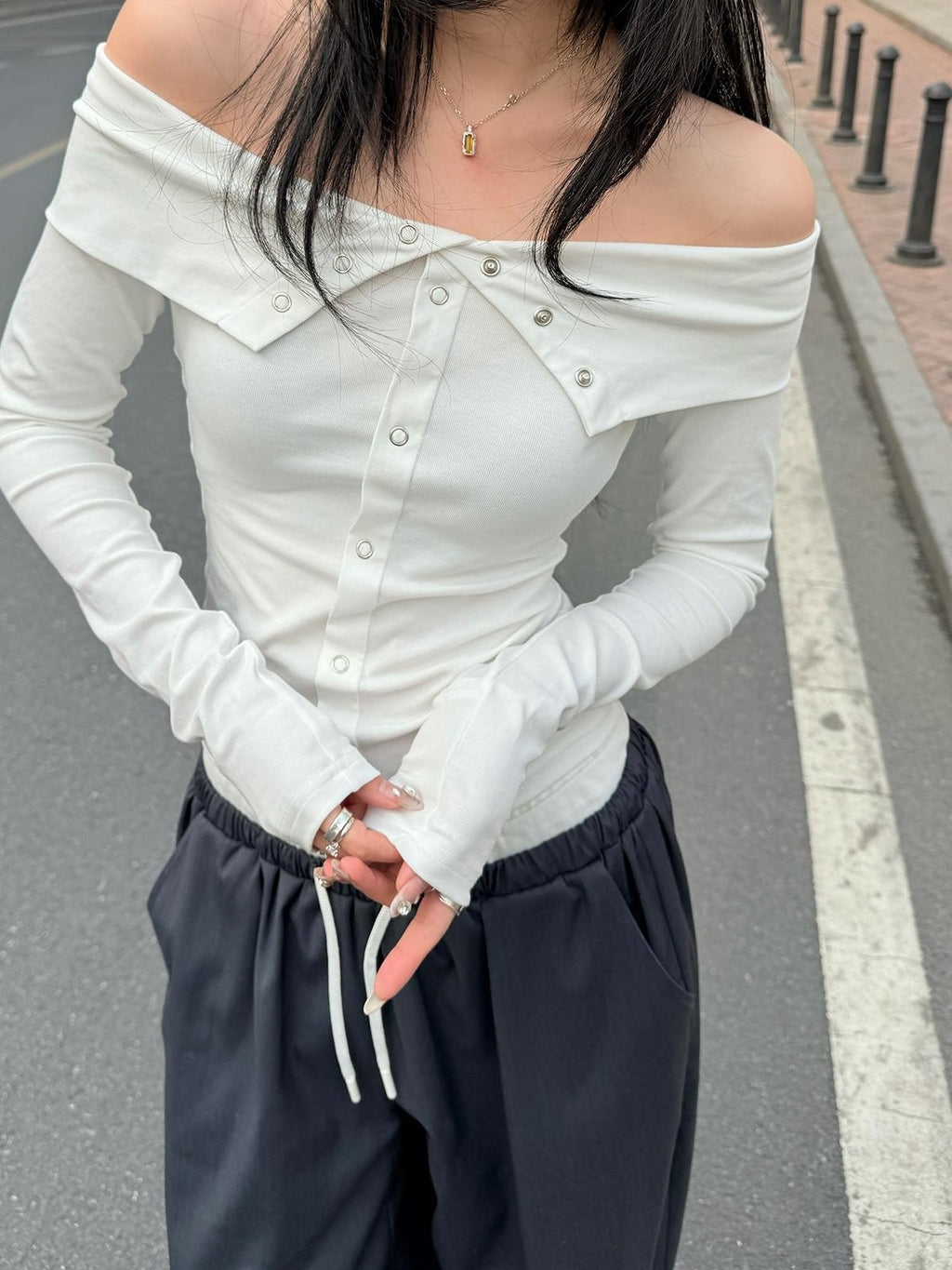 Fanptntox Slim Fit Off Shoulder Hook Closure Knit Women's Long Sleeve T-shirts