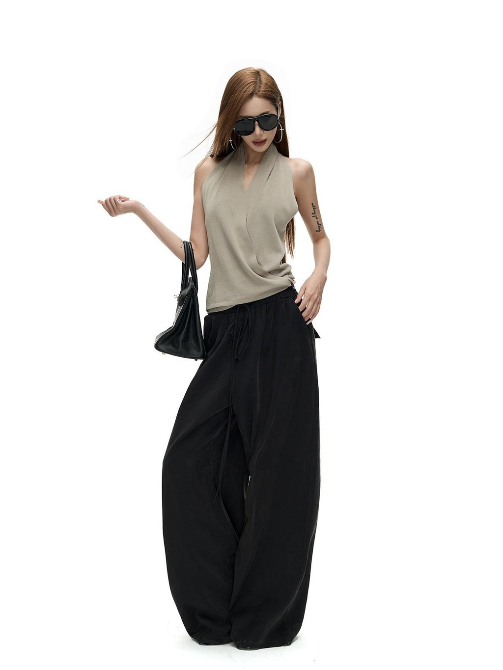 Fanptntox Slim Fit V-neck Ribbon Detail Lyocell Knit Solid Women's Halter Tops