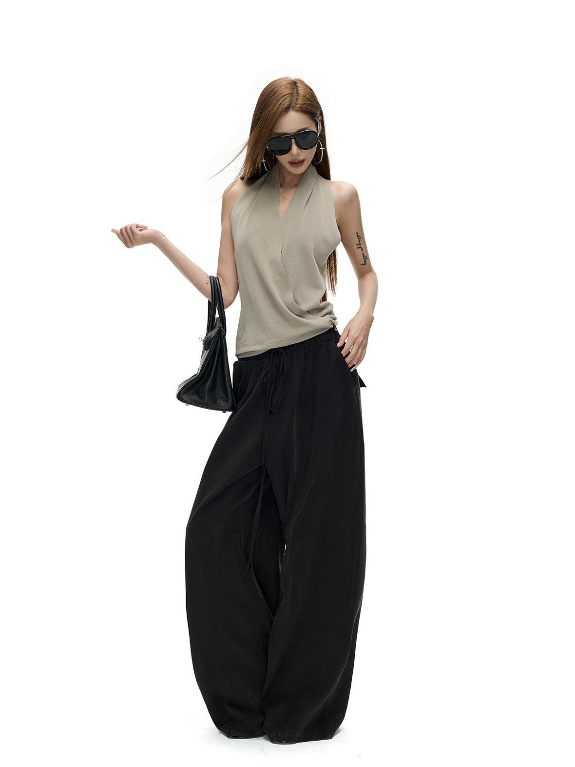 Fanptntox Slim Fit V-neck Ribbon Detail Lyocell Knit Solid Women's Halter Tops