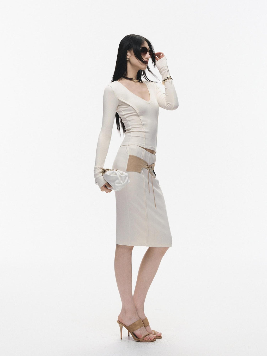 Fanptntox Slim Lowroundneck Longsleeve Women's Elastic Knit Low Waist Matching Skirt Sets