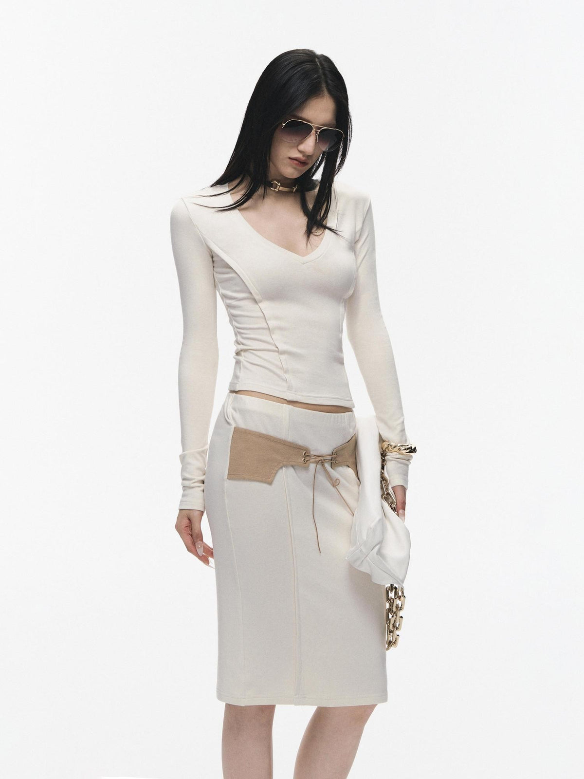 Fanptntox Slim Lowroundneck Longsleeve Women's Elastic Knit Low Waist Matching Skirt Sets