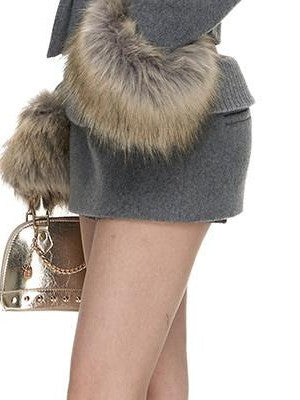 Fanptntox Slim Padded Shoulder Removable Fur Collar Women's Wool Blend Matching Skirt Sets