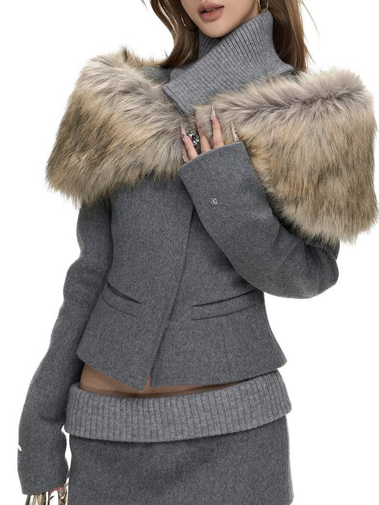 Fanptntox Slim Padded Shoulder Removable Fur Collar Women's Wool Blend Matching Skirt Sets