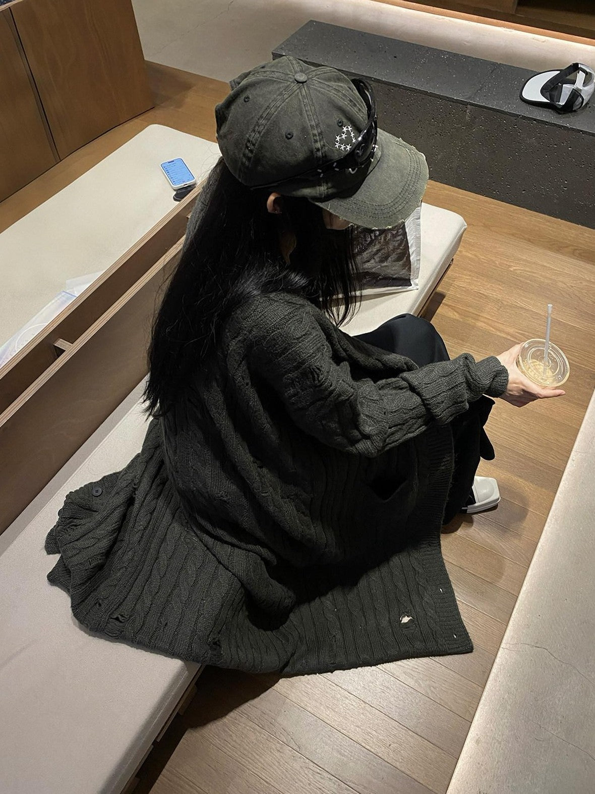 Fanptntox Slouchy Oversized Distressed Midlength Open Front Women's Knit Long Coats