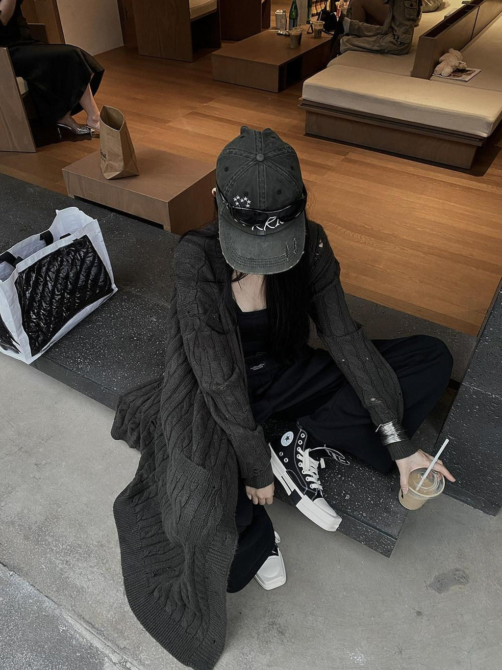 Fanptntox Slouchy Oversized Distressed Midlength Open Front Women's Knit Long Coats