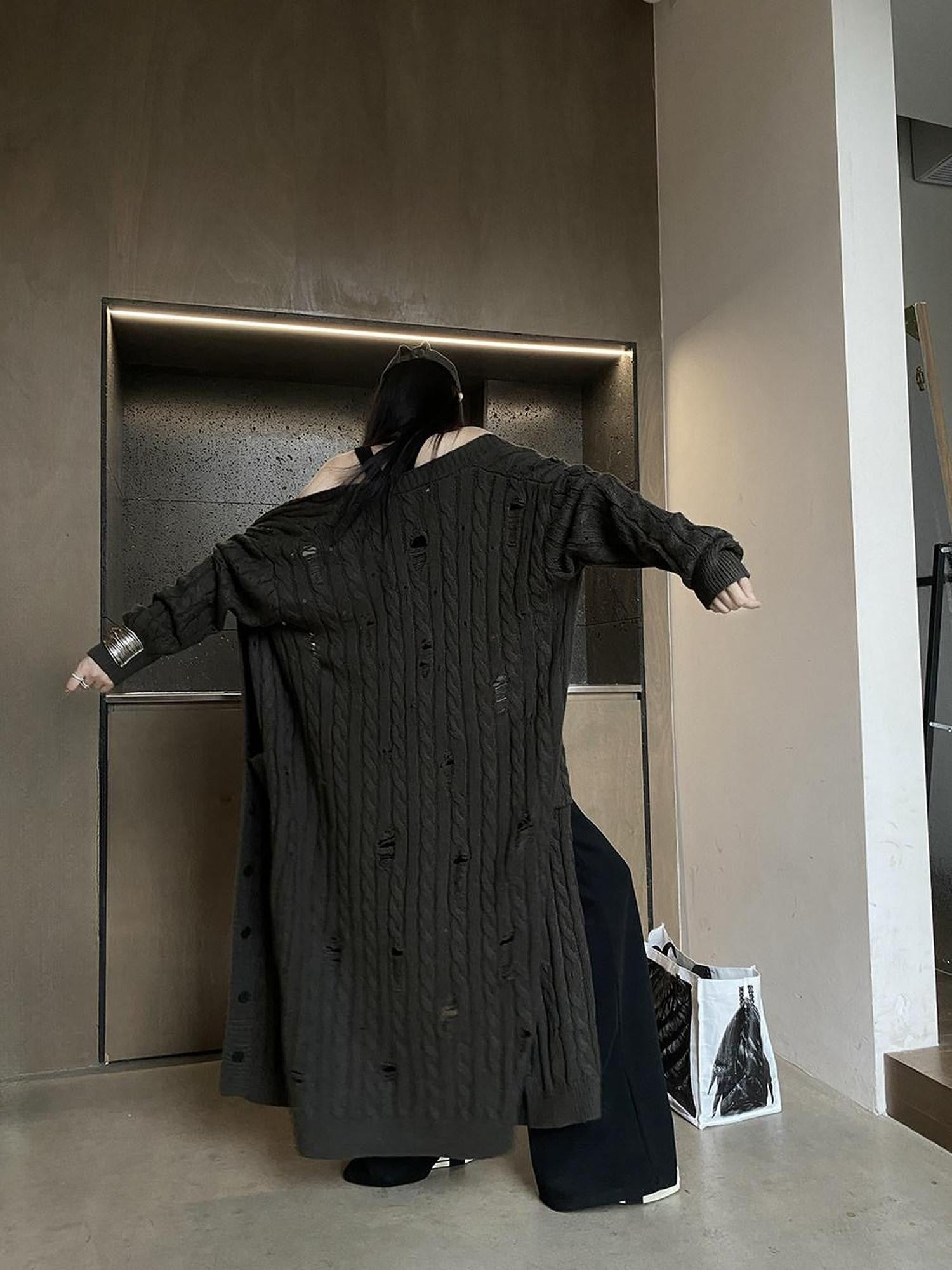 Fanptntox Slouchy Oversized Distressed Midlength Open Front Women's Knit Long Coats