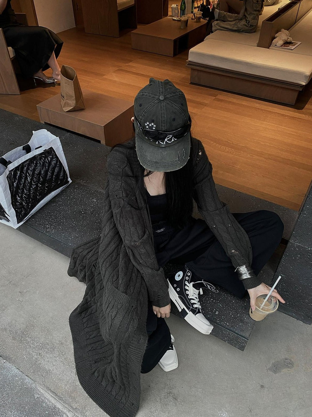 Fanptntox Slouchy Oversized Distressed Midlength Open Front Women's Knit Long Coats