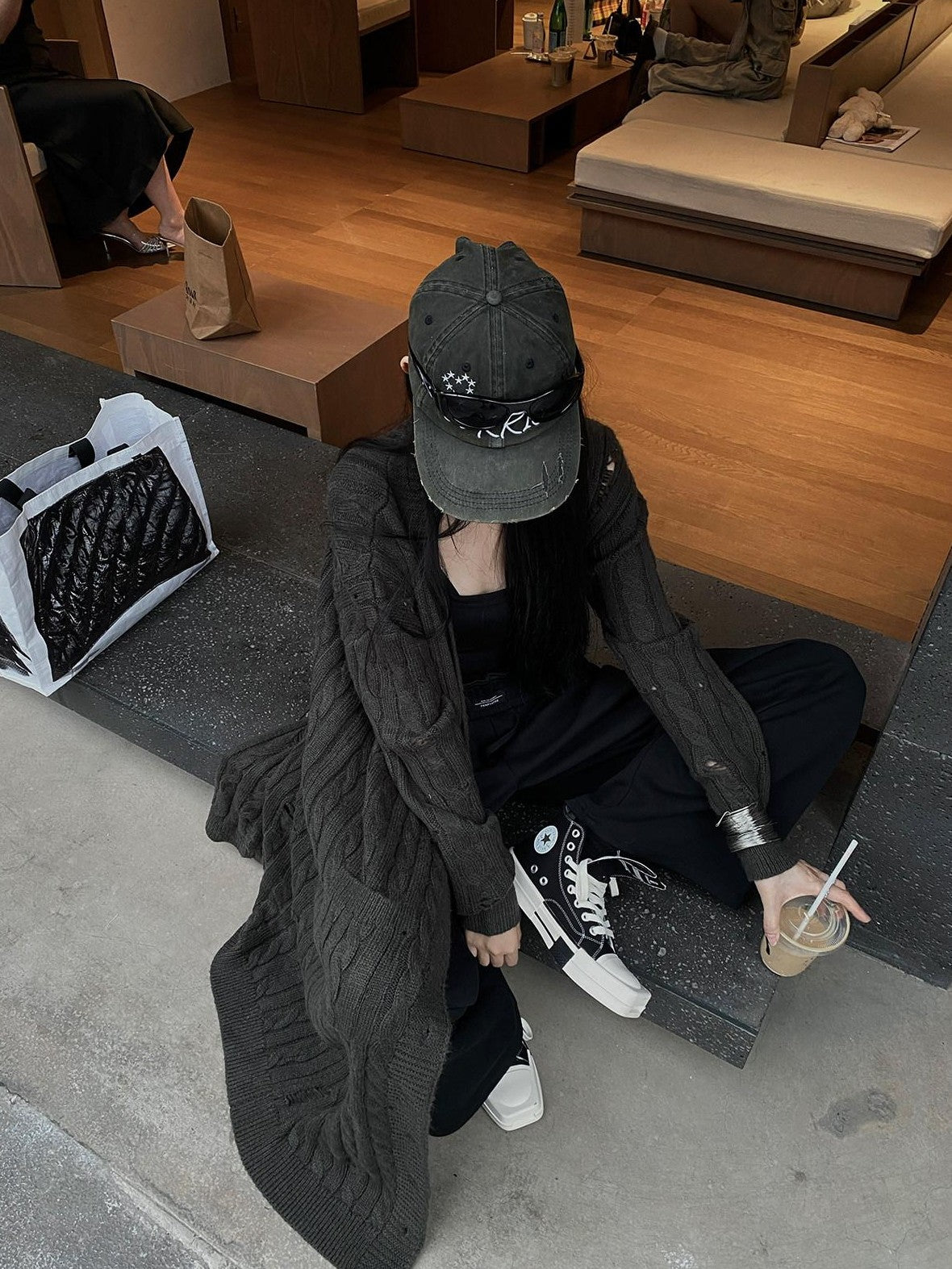 Fanptntox Slouchy Oversized Distressed Midlength Open Front Women's Knit Long Coats