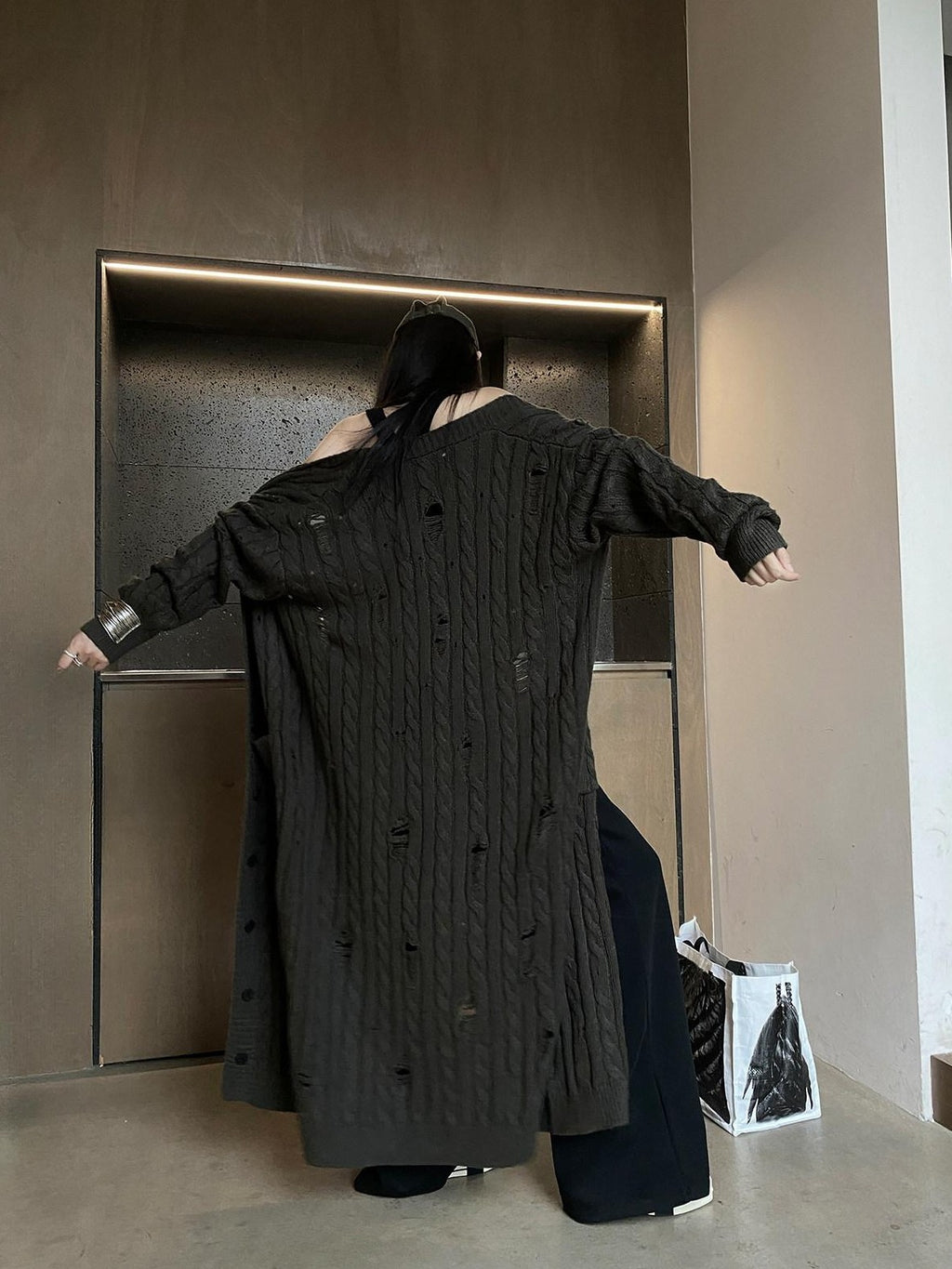 Fanptntox Slouchy Oversized Distressed Midlength Open Front Women's Knit Long Coats