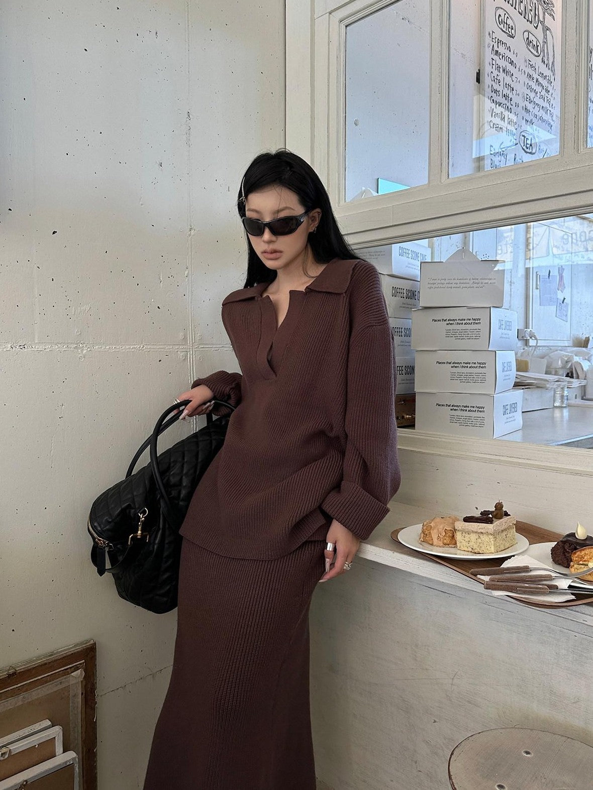 Fanptntox Soft V-neck Relaxed American Women's Knit Matching Skirt Sets