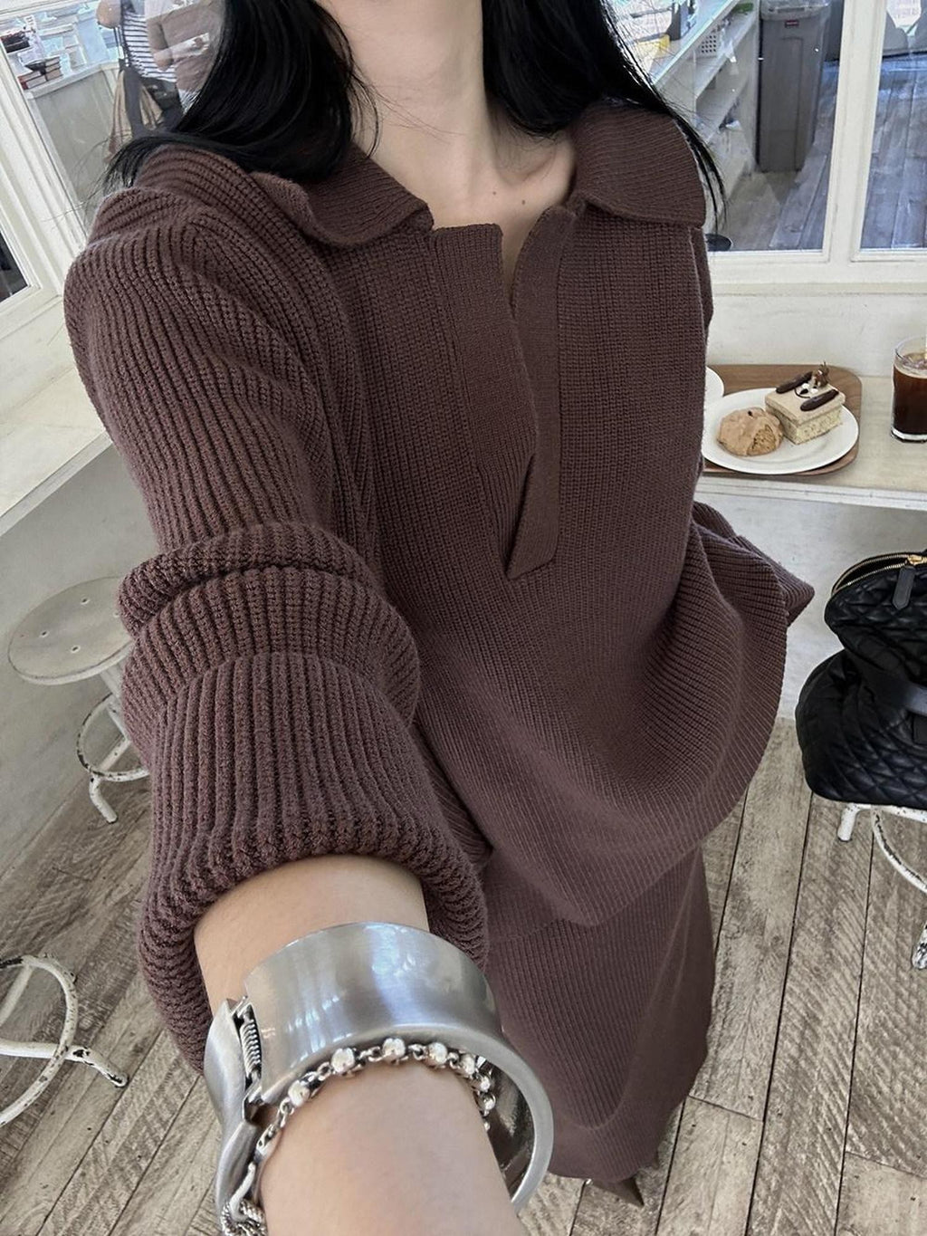 Fanptntox Soft V-neck Relaxed American Women's Knit Matching Skirt Sets