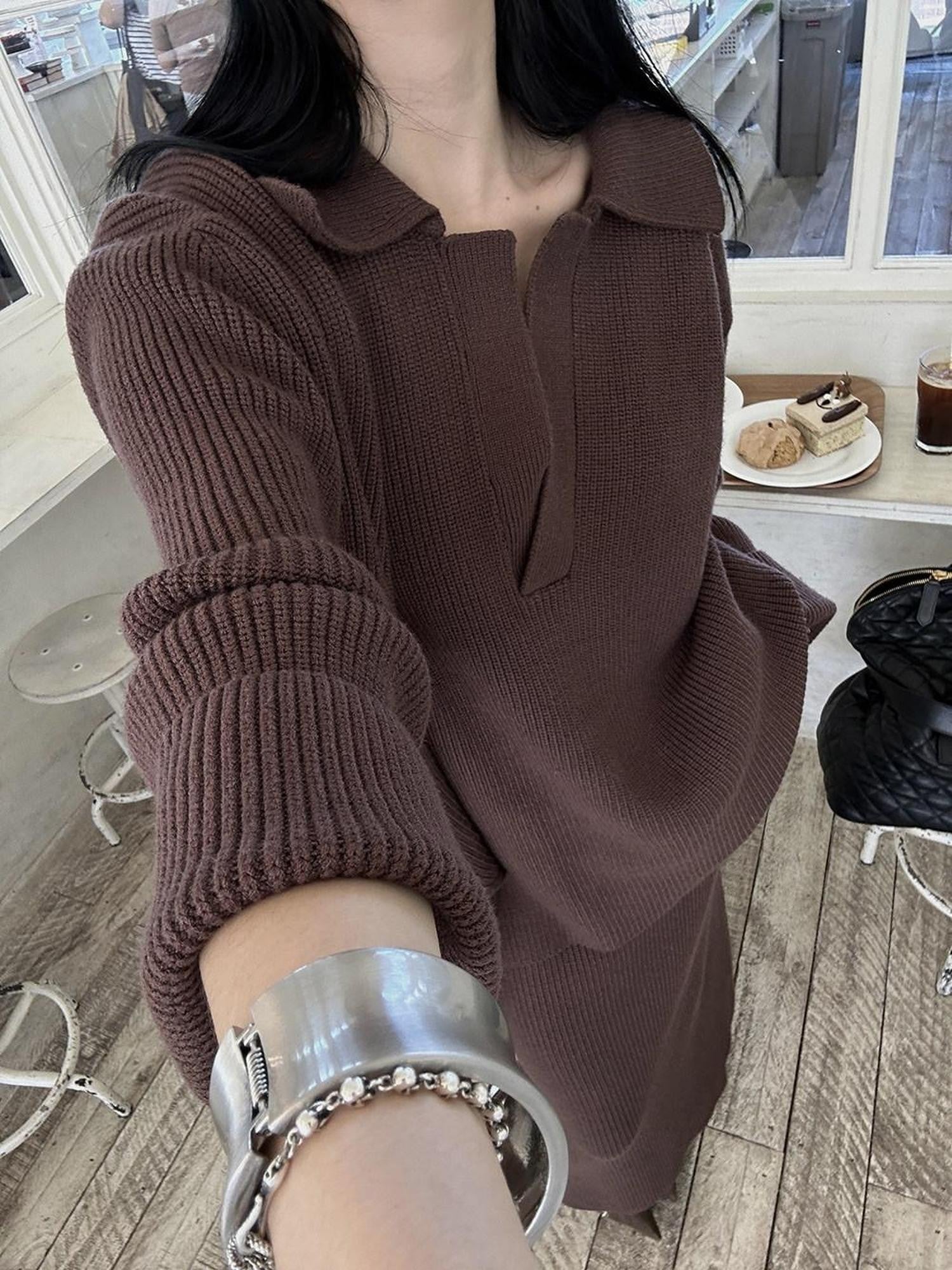 Fanptntox Soft V-neck Relaxed American Women's Knit Matching Skirt Sets