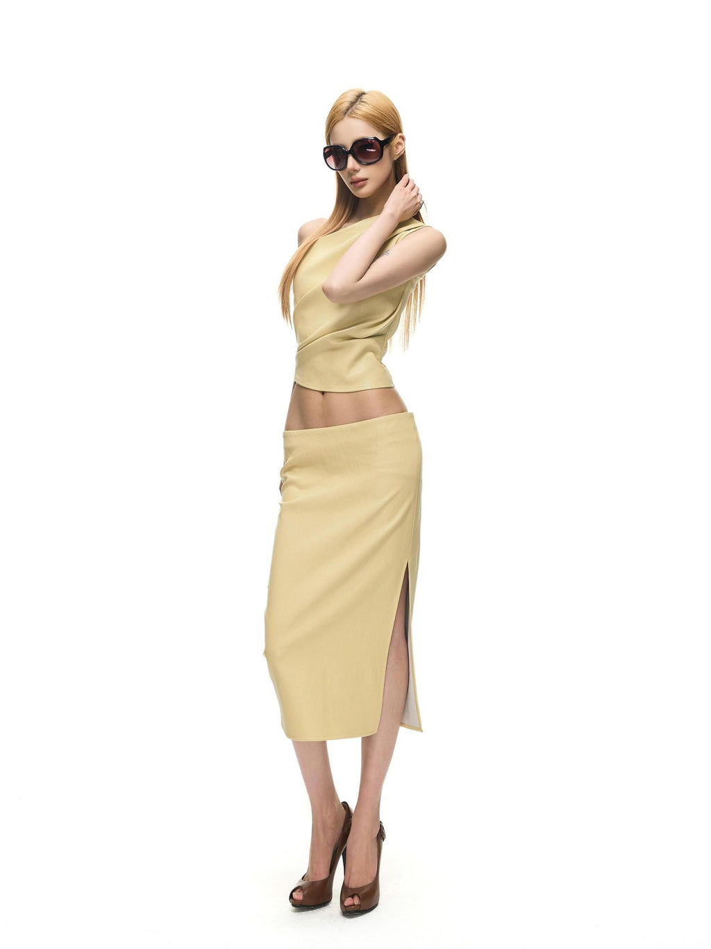 Fanptntox Soft Yellow Asymmetric Shoulder Tube Women's Split Midi Matching Skirt Sets