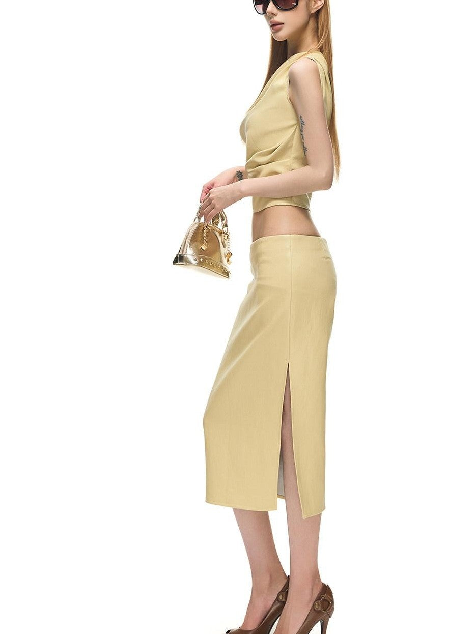 Fanptntox Soft Yellow Asymmetric Shoulder Tube Women's Split Midi Matching Skirt Sets
