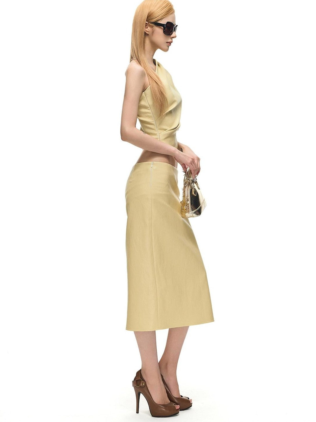 Fanptntox Soft Yellow Asymmetric Shoulder Tube Women's Split Midi Matching Skirt Sets