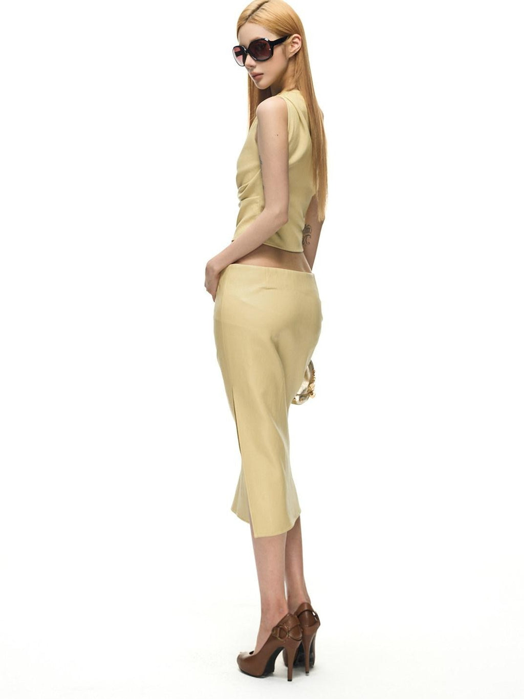 Fanptntox Soft Yellow Asymmetric Shoulder Tube Women's Split Midi Matching Skirt Sets
